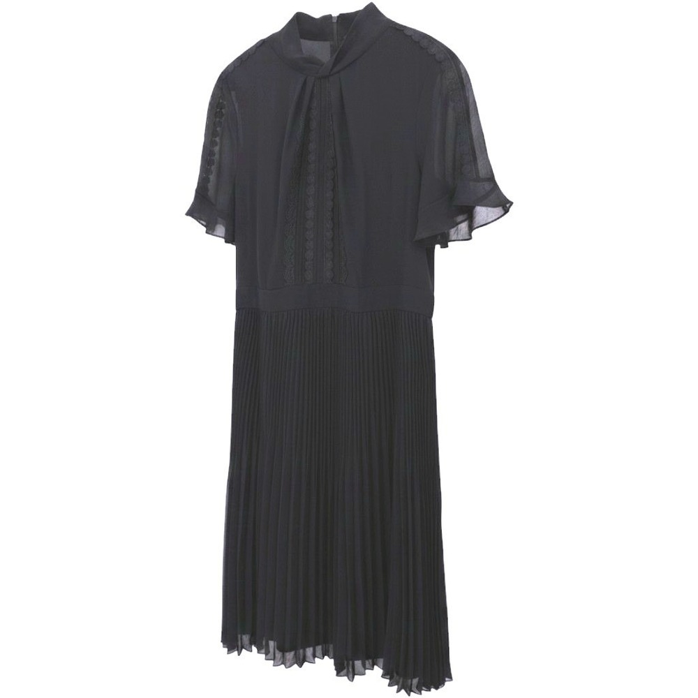 Talbots Dress Women 16 Black Pleated Lace Mock Neck Flutter Sleeve Midi Wedding